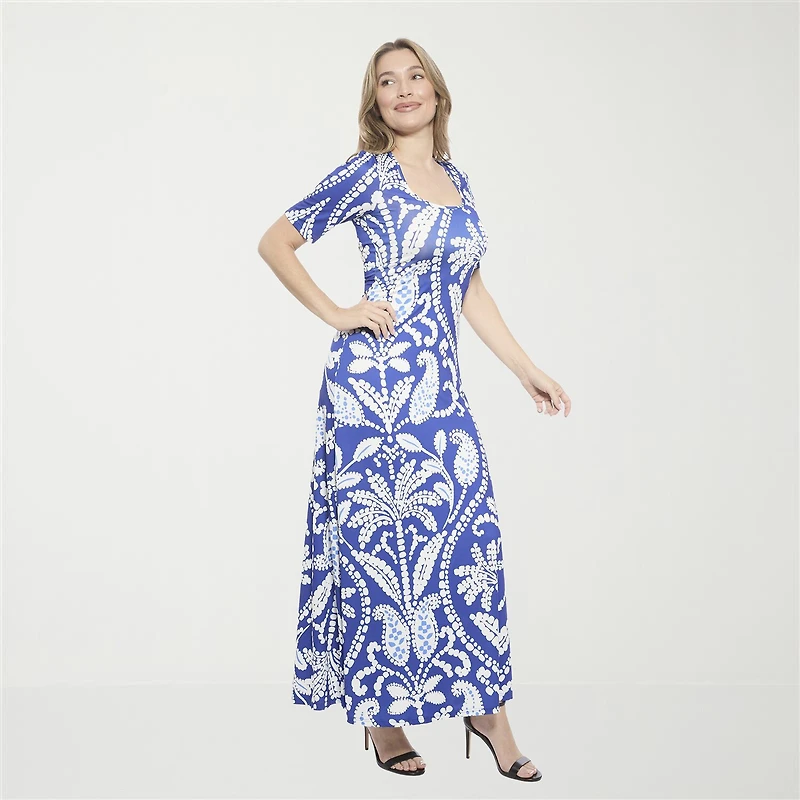 24seven Comfort Apparel Womens Scoop Neck Elbow Sleeve Maxi Dress