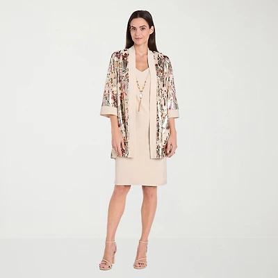 R & M Richards Womens Floral Jacket Dress With Removable Necklace