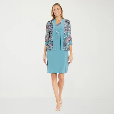 R & M Richards Womens Floral Jacket Dress With Removable Necklace