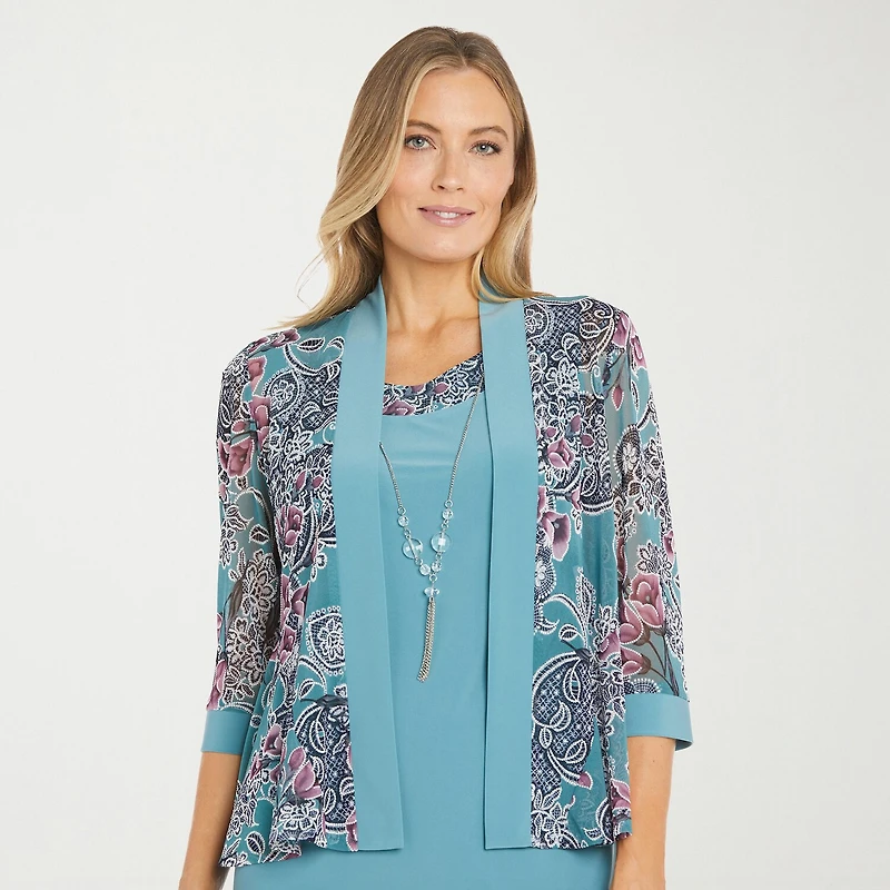 R & M Richards Womens Floral Jacket Dress With Removable Necklace