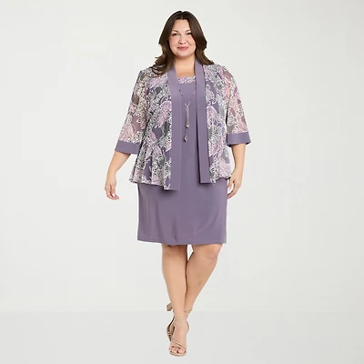 R & M Richards Womens Plus Floral Jacket Dress With Removable Necklace