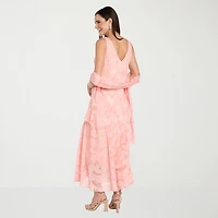R & M Richards Womens High-Low Cowl Neck Sleeveless Floral Evening Gown