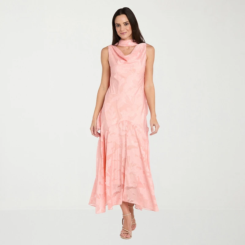 R & M Richards Womens High-Low Cowl Neck Sleeveless Floral Evening Gown