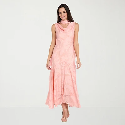 R & M Richards Womens High-Low Cowl Neck Sleeveless Floral Evening Gown