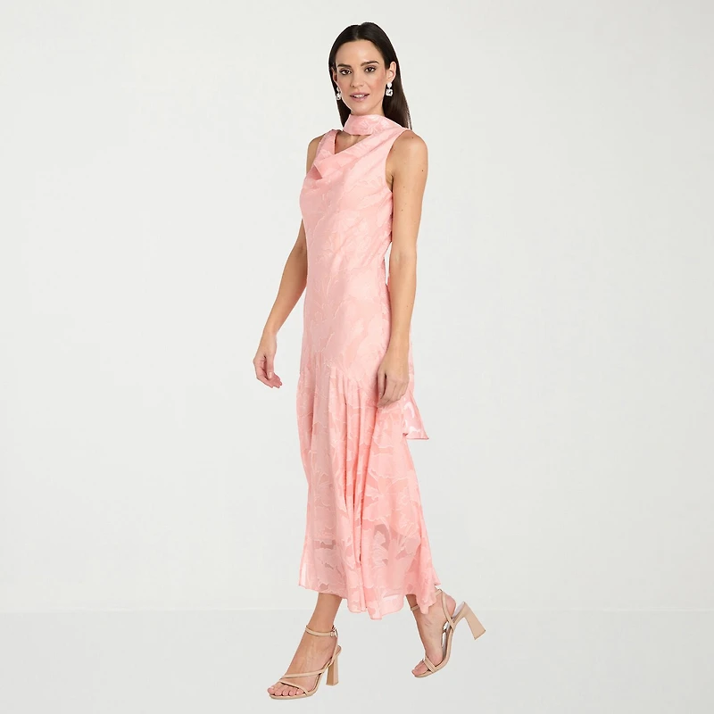 R & M Richards Womens High-Low Cowl Neck Sleeveless Floral Evening Gown