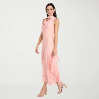 R & M Richards Womens High-Low Cowl Neck Sleeveless Floral Evening Gown