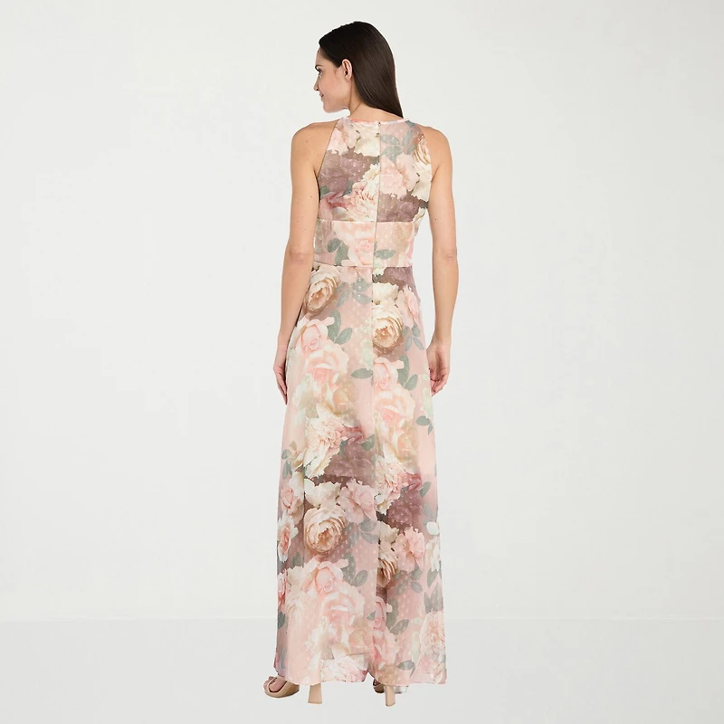 R & M Richards Womens Halter Neck Sleeveless Floral Evening Gown