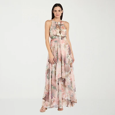 R & M Richards Womens Halter Neck Sleeveless Floral Evening Gown