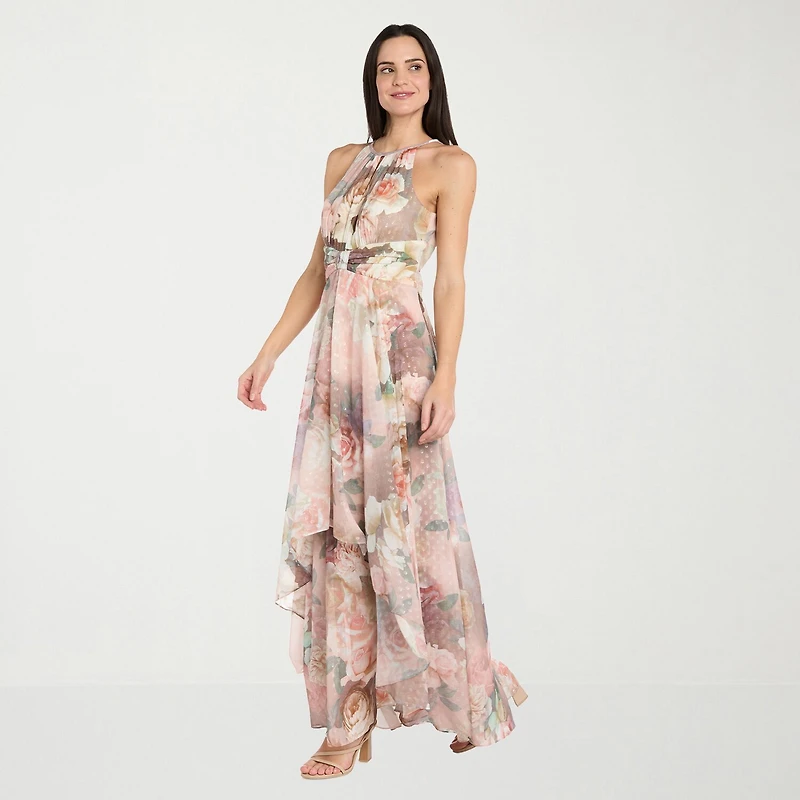 R & M Richards Womens Halter Neck Sleeveless Floral Evening Gown