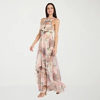 R & M Richards Womens Halter Neck Sleeveless Floral Evening Gown