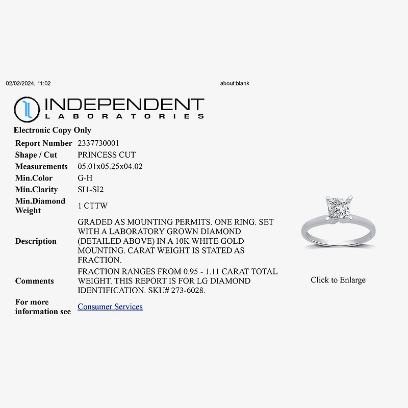 1 CT. Lab-Grown (G-H / SI1-SI2) Diamond Princess-cut Solitaire Engagement Ring 10K Gold