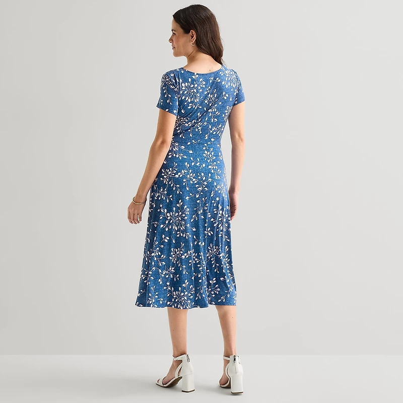 Perceptions Womens Midi Round Neck Short Sleeve Floral Fit + Flare Dress