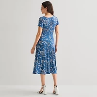 Perceptions Womens Midi Round Neck Short Sleeve Floral Fit + Flare Dress
