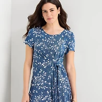 Perceptions Womens Midi Round Neck Short Sleeve Floral Fit + Flare Dress