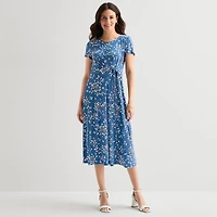 Perceptions Womens Midi Round Neck Short Sleeve Floral Fit + Flare Dress
