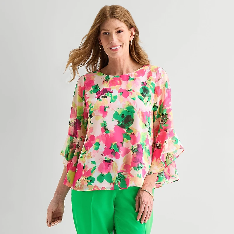 Black Label by Evan-Picone Womens Round Neck 3/4 Sleeve Blouse