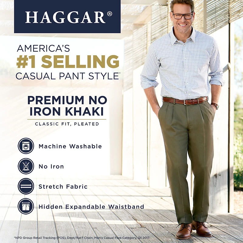 Haggar Premium No Iron Khaki Mens Classic Fit Pleated Pant