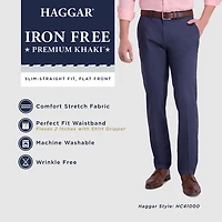 Haggar Iron Free Premium Khaki Mens Comfort Waistband Slim Fit Flat Front Pant