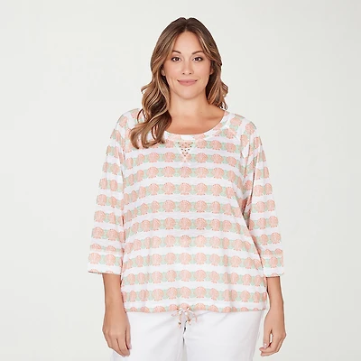 Hearts Of Palm Raglan Striped Drawstring Womens Plus Crew Neck 3/4 Sleeve Embellished Peasant Top