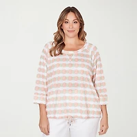 Hearts Of Palm Raglan Striped Drawstring Womens Plus Crew Neck 3/4 Sleeve Embellished Peasant Top