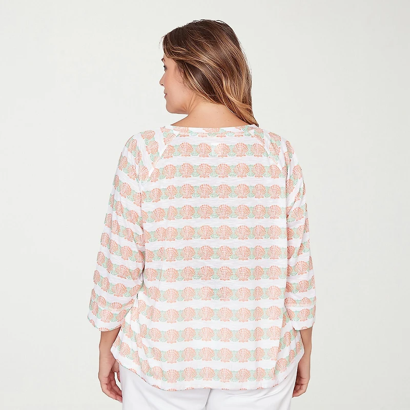 Hearts Of Palm Raglan Striped Drawstring Womens Plus Crew Neck 3/4 Sleeve Embellished Peasant Top