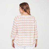 Hearts Of Palm Raglan Striped Drawstring Womens Plus Crew Neck 3/4 Sleeve Embellished Peasant Top