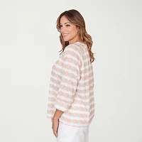 Hearts Of Palm Raglan Striped Drawstring Womens Plus Crew Neck 3/4 Sleeve Embellished Peasant Top