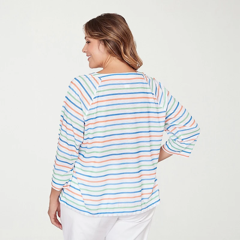 Hearts Of Palm Striped Drawstring Womens Plus 3/4 Sleeve Regular Fit Henley Shirt