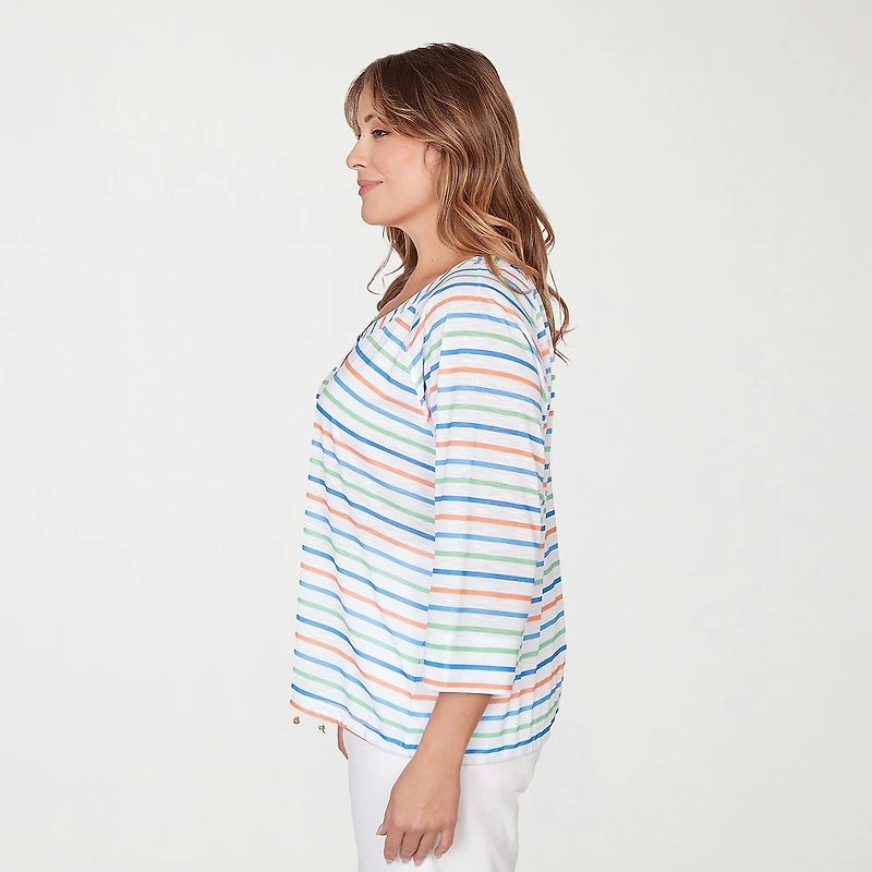 Hearts Of Palm Striped Drawstring Womens Plus 3/4 Sleeve Regular Fit Henley Shirt