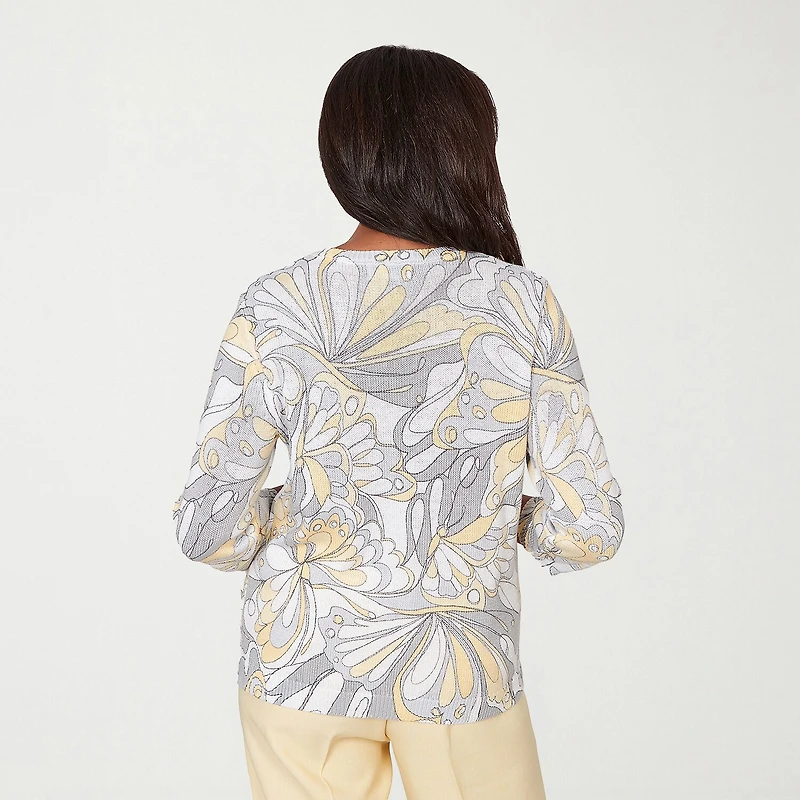 Alfred Dunner Petite Al Fresco Womens Crew Neck Embellished 3/4 Sleeve Abstract Pullover Sweater