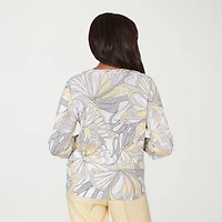 Alfred Dunner Petite Al Fresco Womens Crew Neck Embellished 3/4 Sleeve Abstract Pullover Sweater