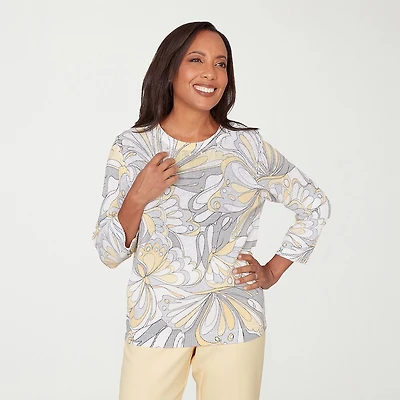 Alfred Dunner Petite Al Fresco Womens Crew Neck Embellished 3/4 Sleeve Abstract Pullover Sweater