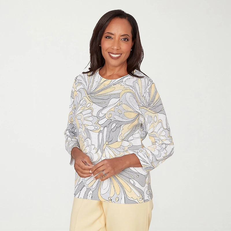 Alfred Dunner Petite Al Fresco Womens Crew Neck Embellished 3/4 Sleeve Abstract Pullover Sweater