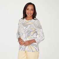 Alfred Dunner Petite Al Fresco Womens Crew Neck Embellished 3/4 Sleeve Abstract Pullover Sweater