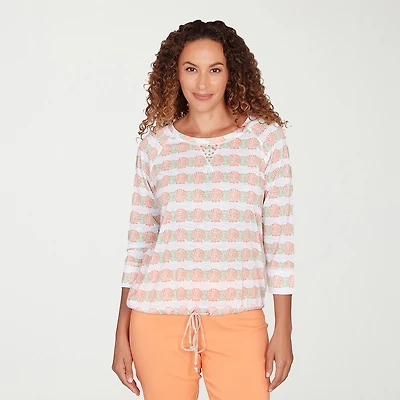 Hearts Of Palm Embellished Drawstring Womens Crew Neck 3/4 Sleeve Peasant Top
