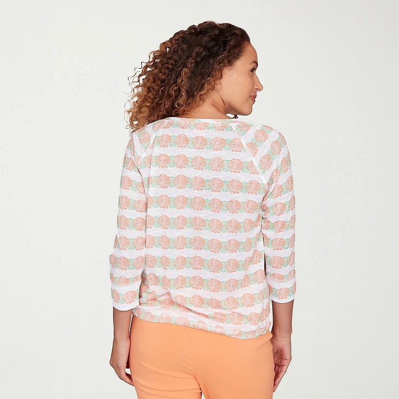 Hearts Of Palm Embellished Drawstring Womens Crew Neck 3/4 Sleeve Peasant Top