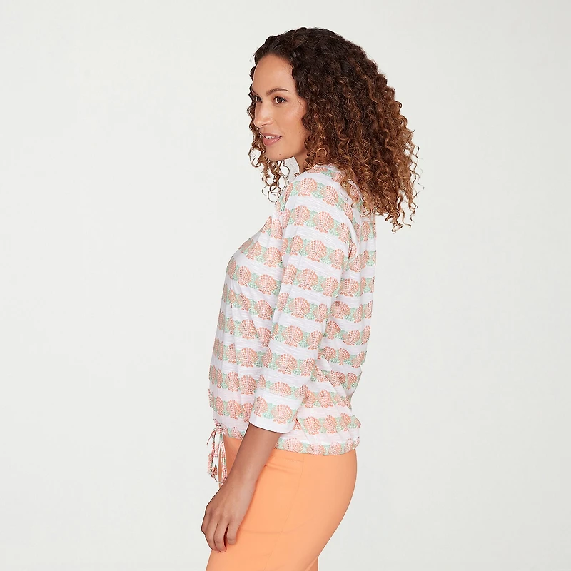 Hearts Of Palm Embellished Drawstring Womens Crew Neck 3/4 Sleeve Peasant Top