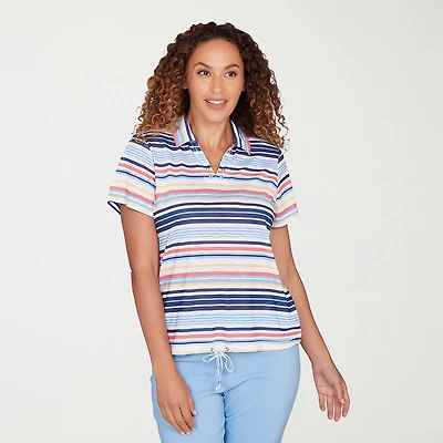 Hearts Of Palm Open Collar Drawstring Womens Short Sleeve Polo Shirt