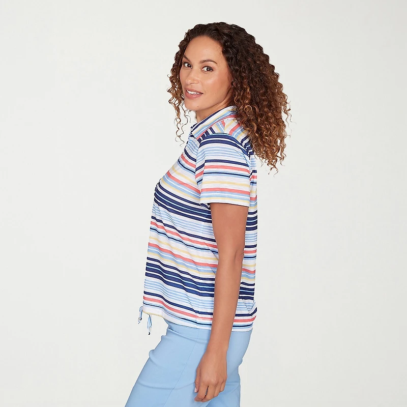 Hearts Of Palm Open Collar Drawstring Womens Short Sleeve Polo Shirt