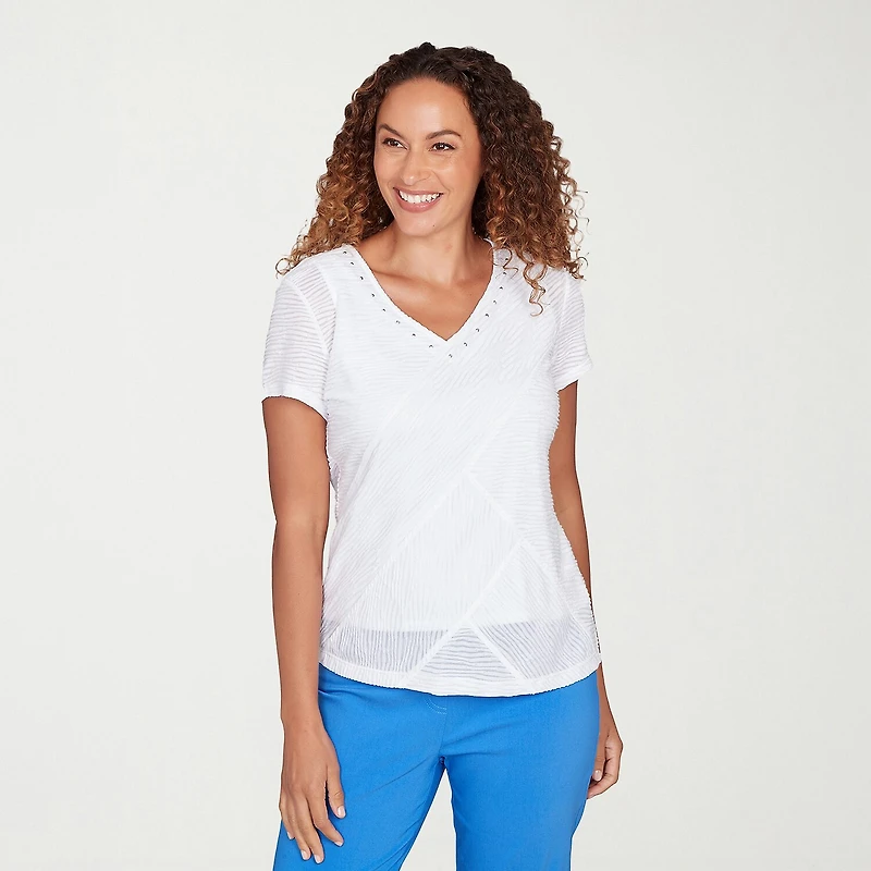 Hearts Of Palm Embellished Textured Womens V Neck Short Sleeve Blouse