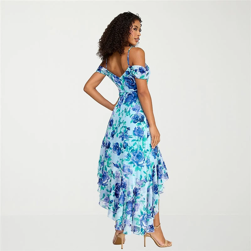 City Triangle Womens Juniors Midi Asymmetrical Neck Sleeveless Off the Shoulder Fit + Flare Dress