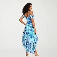 City Triangle Womens Juniors Midi Asymmetrical Neck Sleeveless Off the Shoulder Fit + Flare Dress