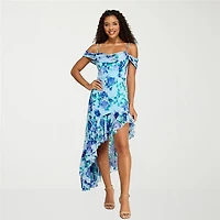City Triangle Womens Juniors Midi Asymmetrical Neck Sleeveless Off the Shoulder Fit + Flare Dress