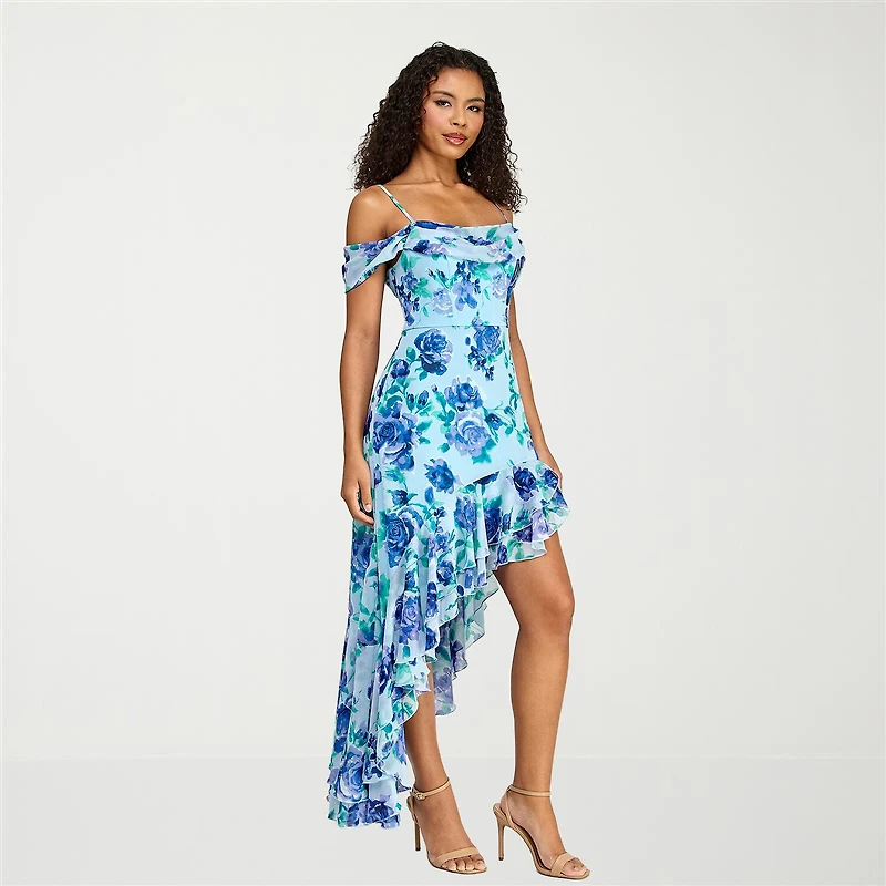 City Triangle Womens Juniors Midi Asymmetrical Neck Sleeveless Off the Shoulder Fit + Flare Dress