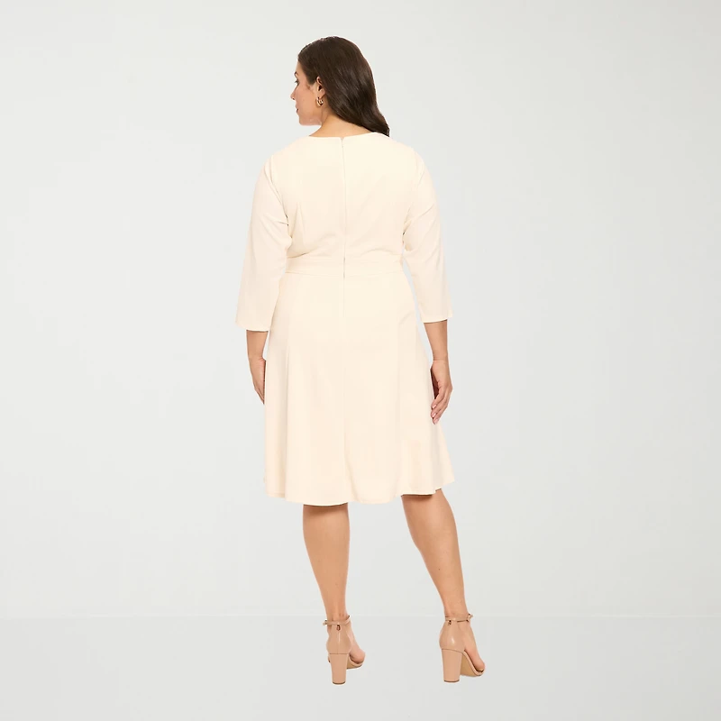 London Times Womens Plus Midi Round Neck 3/4 Sleeve Fitted Fit + Flare Dress
