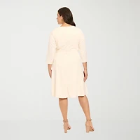 London Times Womens Plus Midi Round Neck 3/4 Sleeve Fitted Fit + Flare Dress