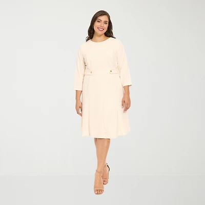 London Times Womens Plus Midi Round Neck 3/4 Sleeve Fitted Fit + Flare Dress