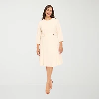 London Times Womens Plus Midi Round Neck 3/4 Sleeve Fitted Fit + Flare Dress