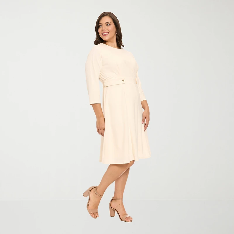 London Times Womens Plus Midi Round Neck 3/4 Sleeve Fitted Fit + Flare Dress