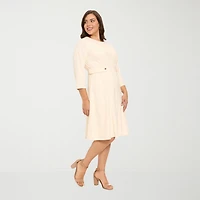 London Times Womens Plus Midi Round Neck 3/4 Sleeve Fitted Fit + Flare Dress
